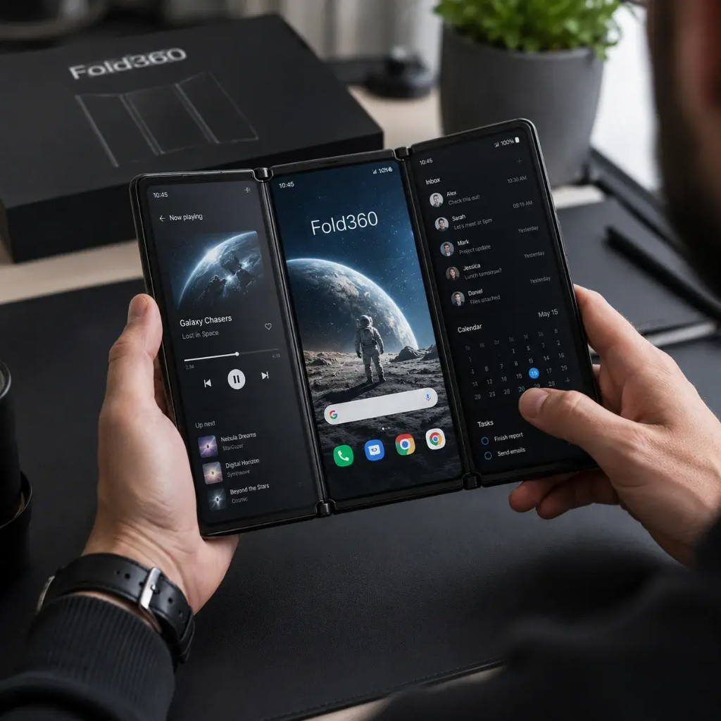 Fold360™ — 3 képernyős összecsukható okostelefon használatban