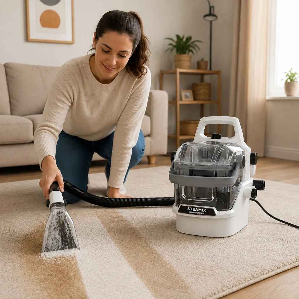 Steamix Hydrosteam pulisce un tappeto del soggiorno con vapore ad alta temperatura