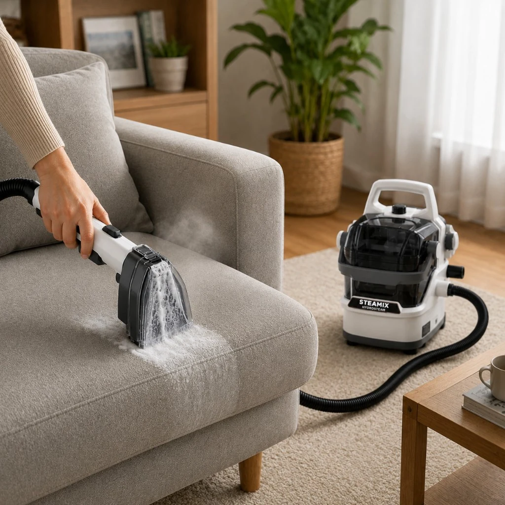 Steamix Hydrosteam pulisce il bracciolo di un divano in tessuto